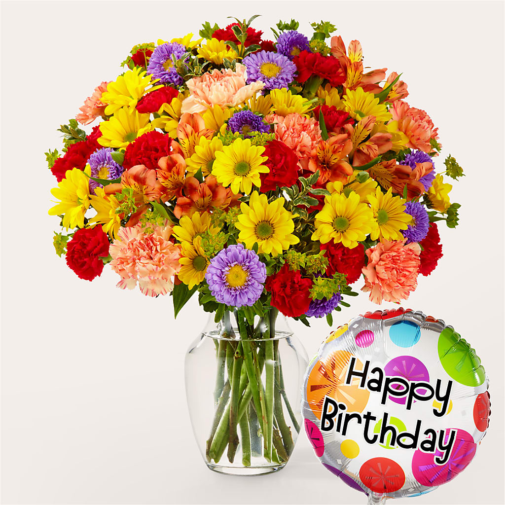 Kaleidoscope Bouquet with Birthday Balloon – Flowers Y Detallitos Analy, Durham NC