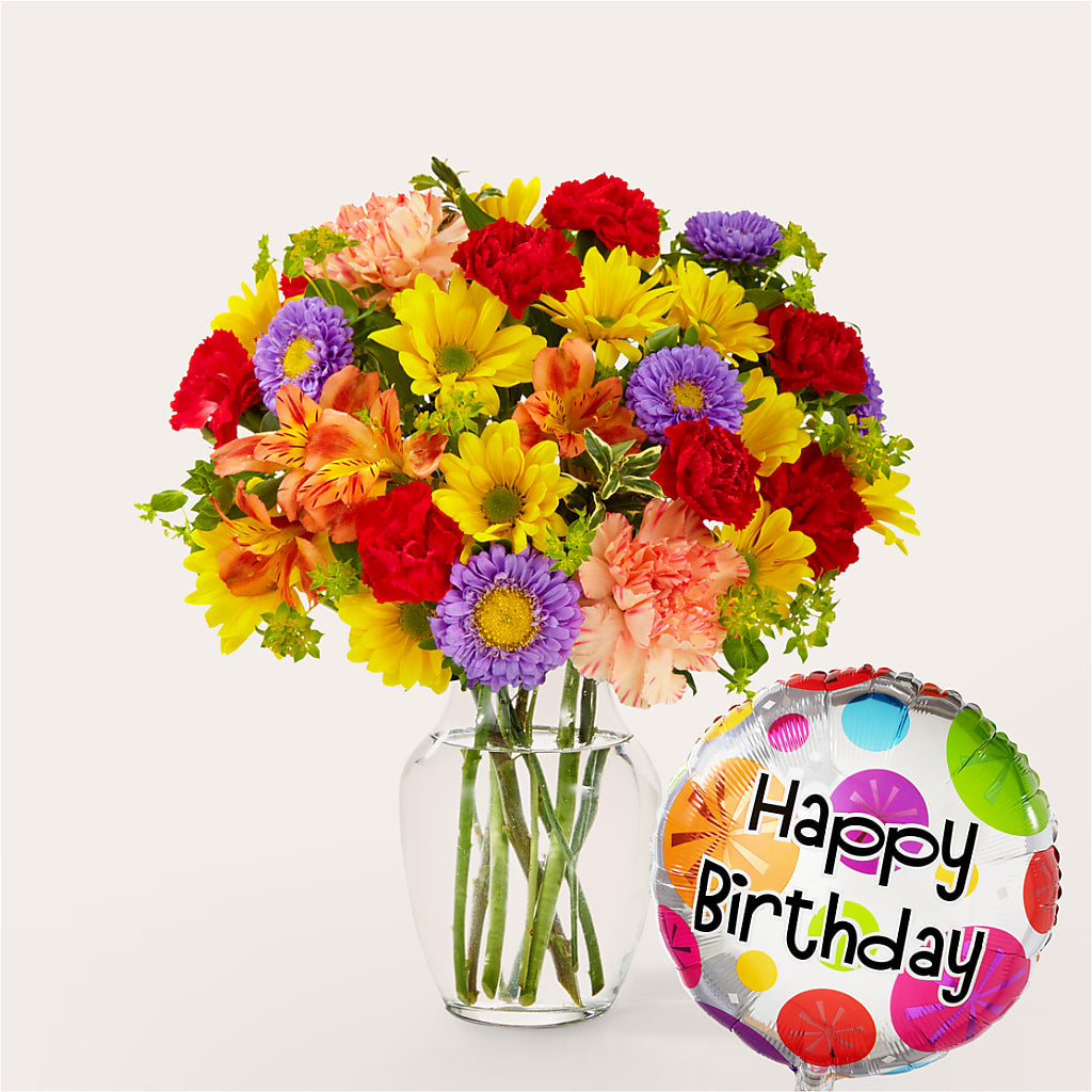 Kaleidoscope Bouquet with Birthday Balloon – Flowers Y Detallitos Analy, Durham NC
