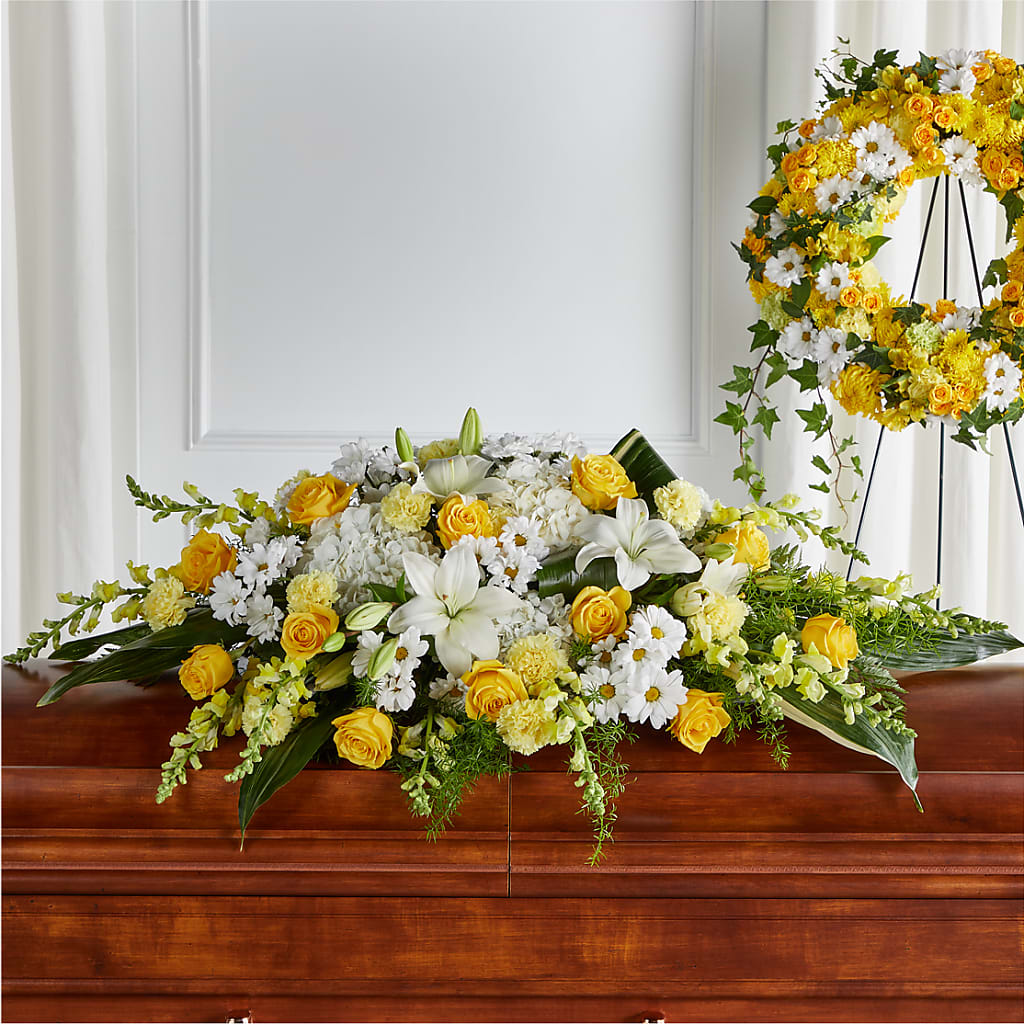 Golden Harmony Casket Spray – Flowers Y Detallitos Analy, Durham NC