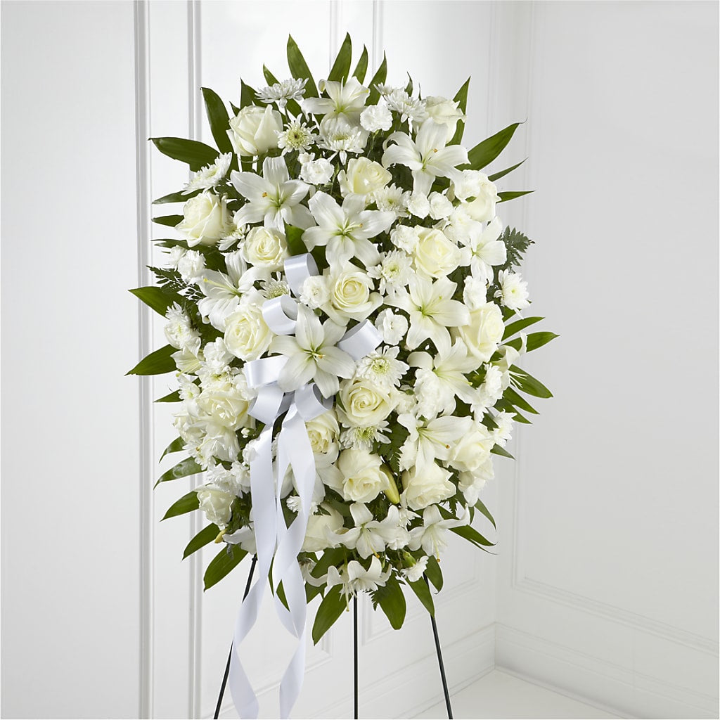 Exquisite Tribute Standing Spray-White Ribbon – Flowers Y Detallitos Analy, Durham NC