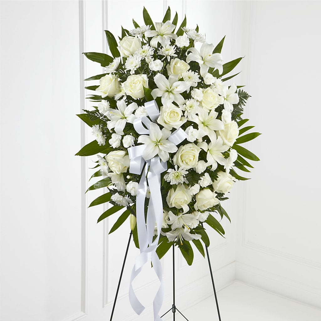 Exquisite Tribute Standing Spray-White Ribbon – Flowers Y Detallitos Analy, Durham NC