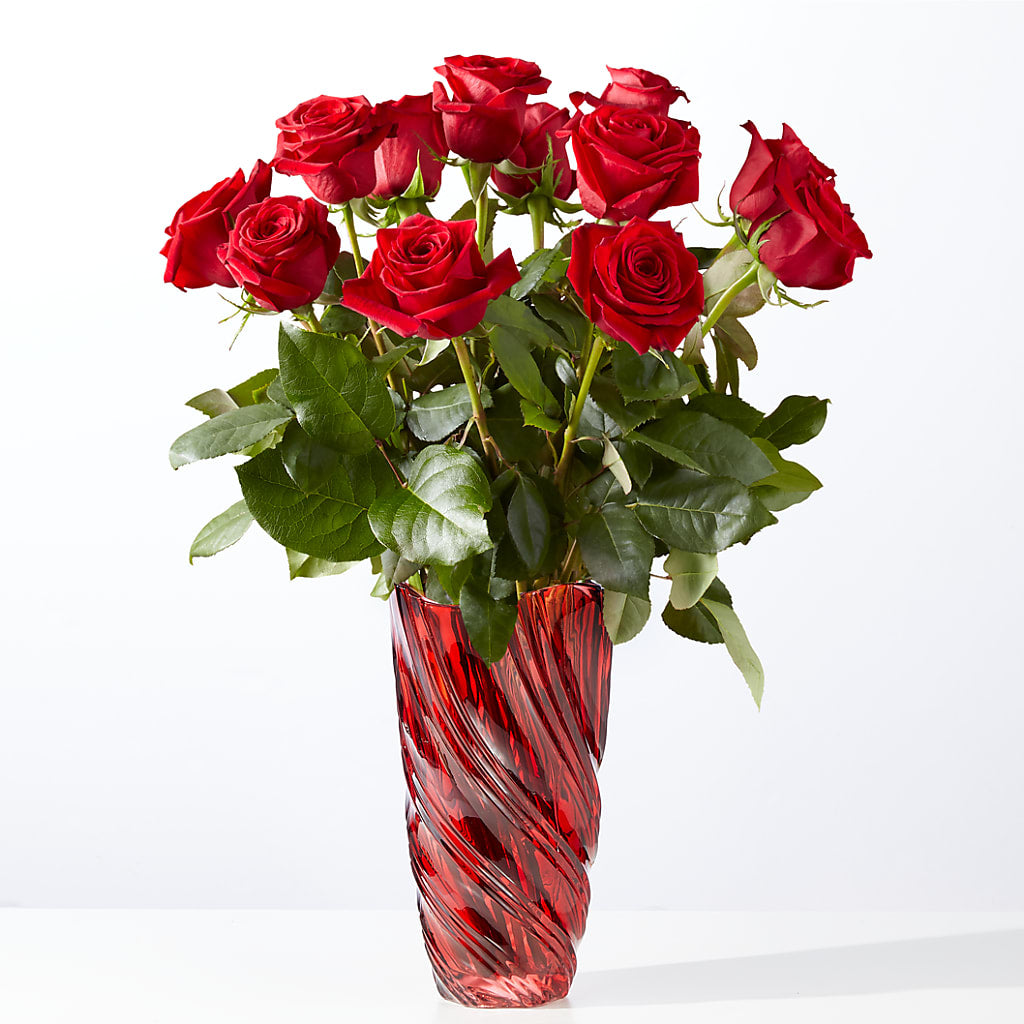 Classic Love Red Rose Bouquet with Luxe Swirl Vase – Flowers Y Detallitos Analy, Durham NC